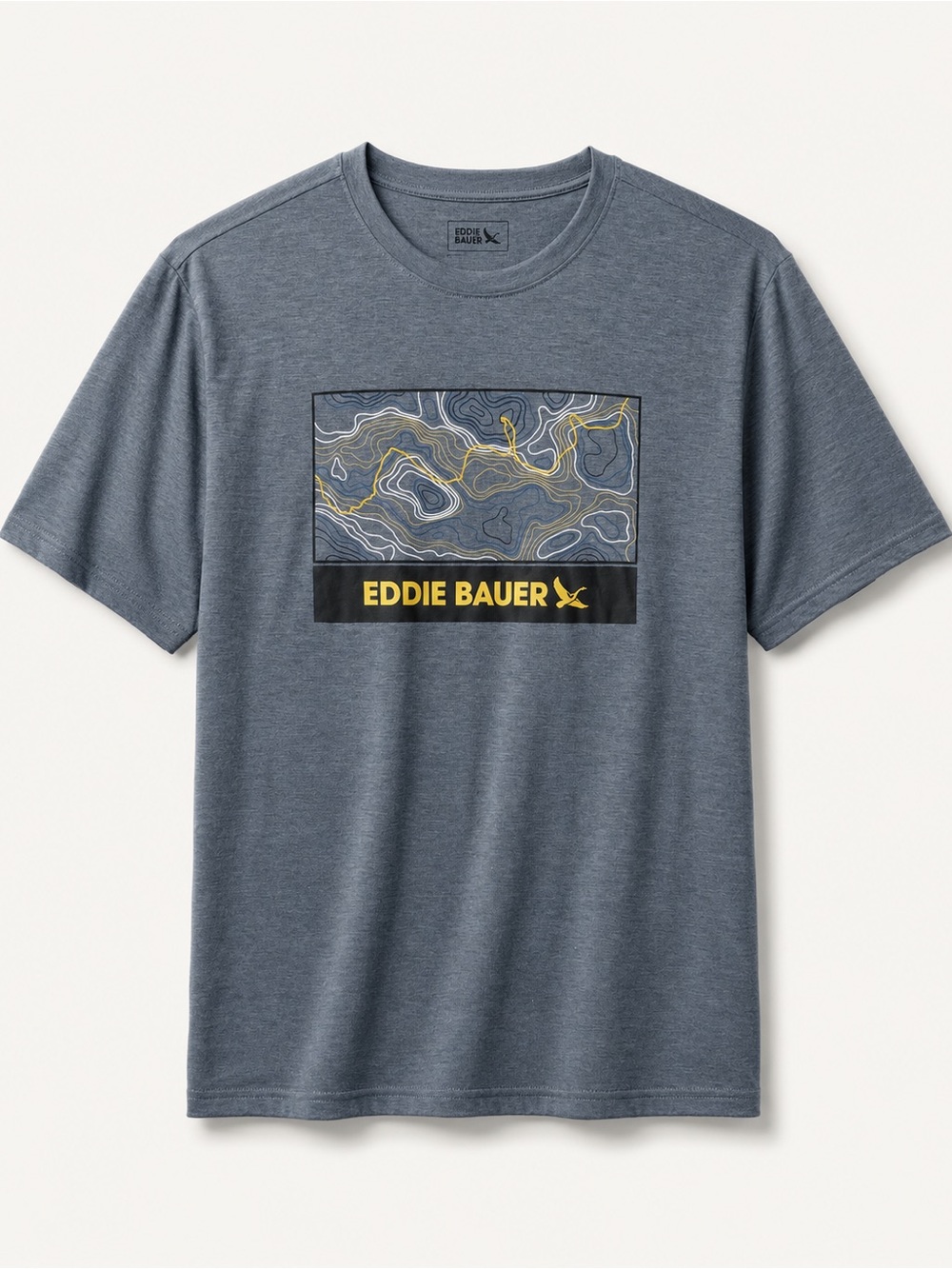Eddie Bauer Heather Blue Topo Graphic Short Sleeve Tee with Yellow Accent